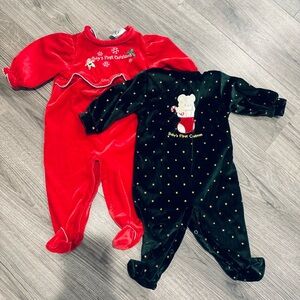 (2) Vintage Baby's First Christmas Sleeper One Piece snap 6-9 Months velvet red